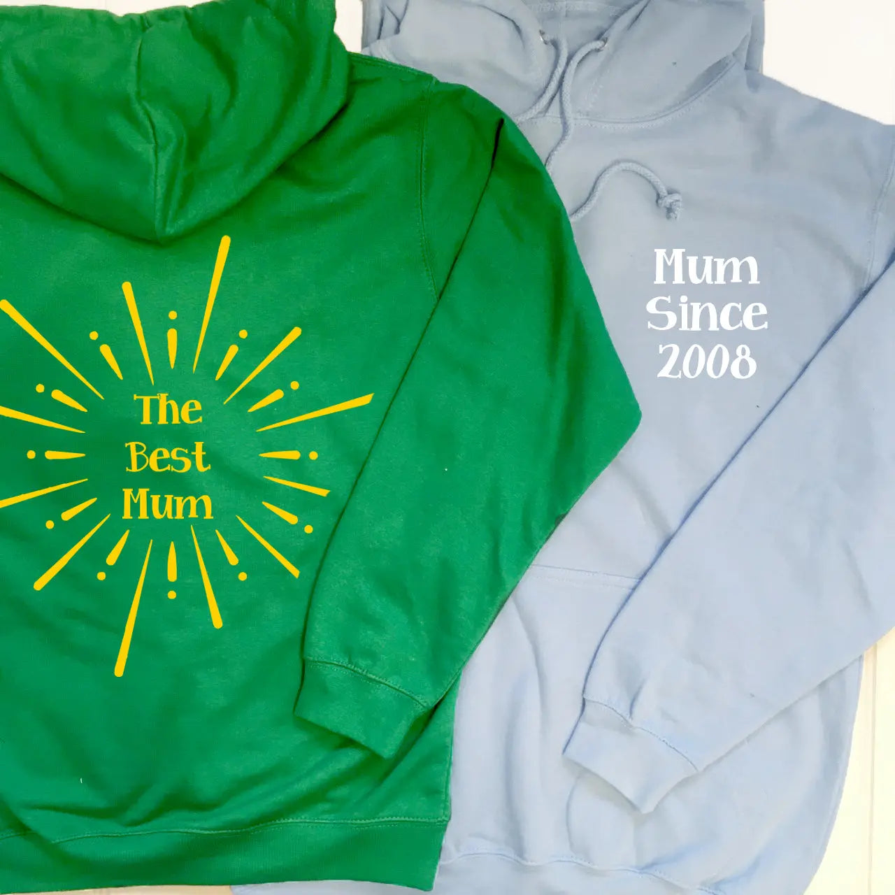 Showing the front and the back of the design, back three lines of text reading The Best Mum in a circle of lines and the front Mum Since 2008 other three lines