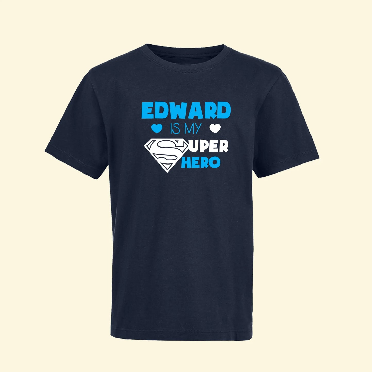 Edward is my super hero design printed in two colours, blue and white with two hearts on the second line.