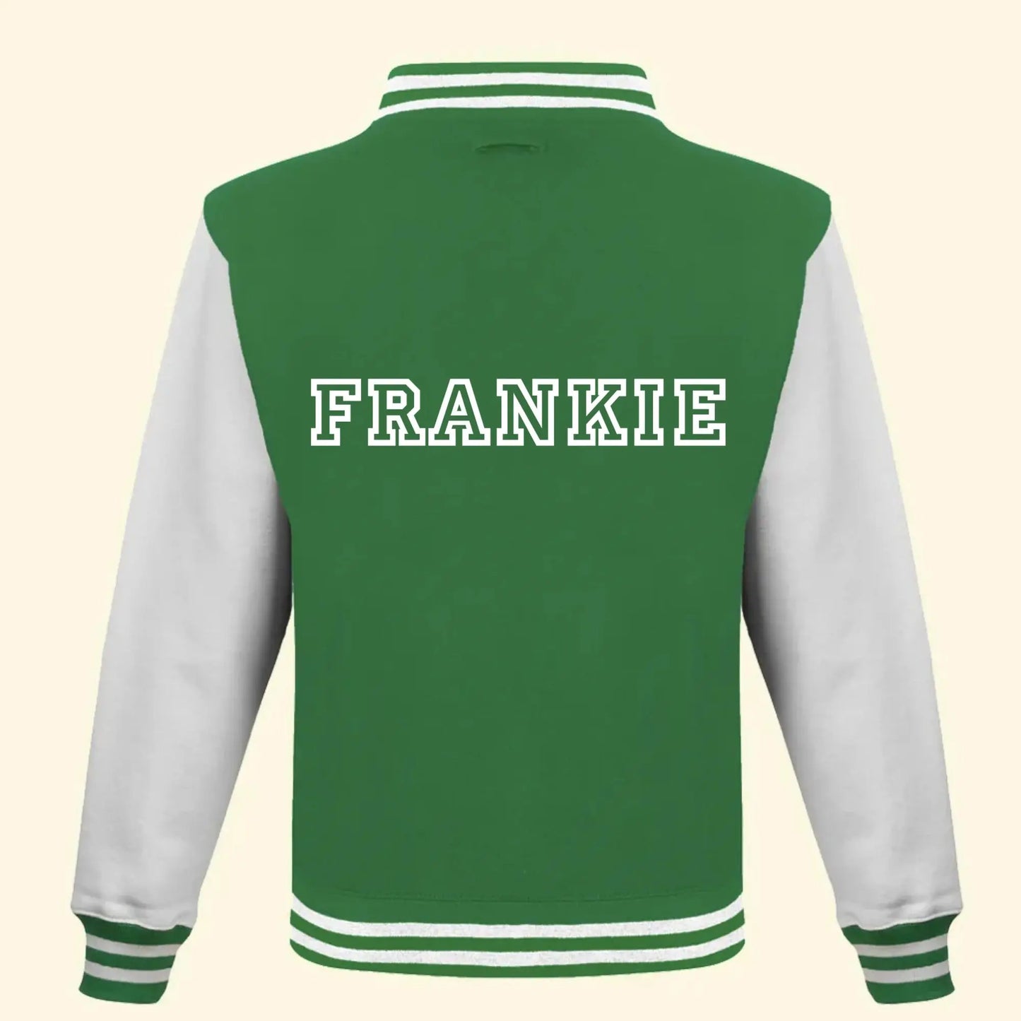 Green Varsity jacket with white sleeves and the name FRANKIE printed on the back in White