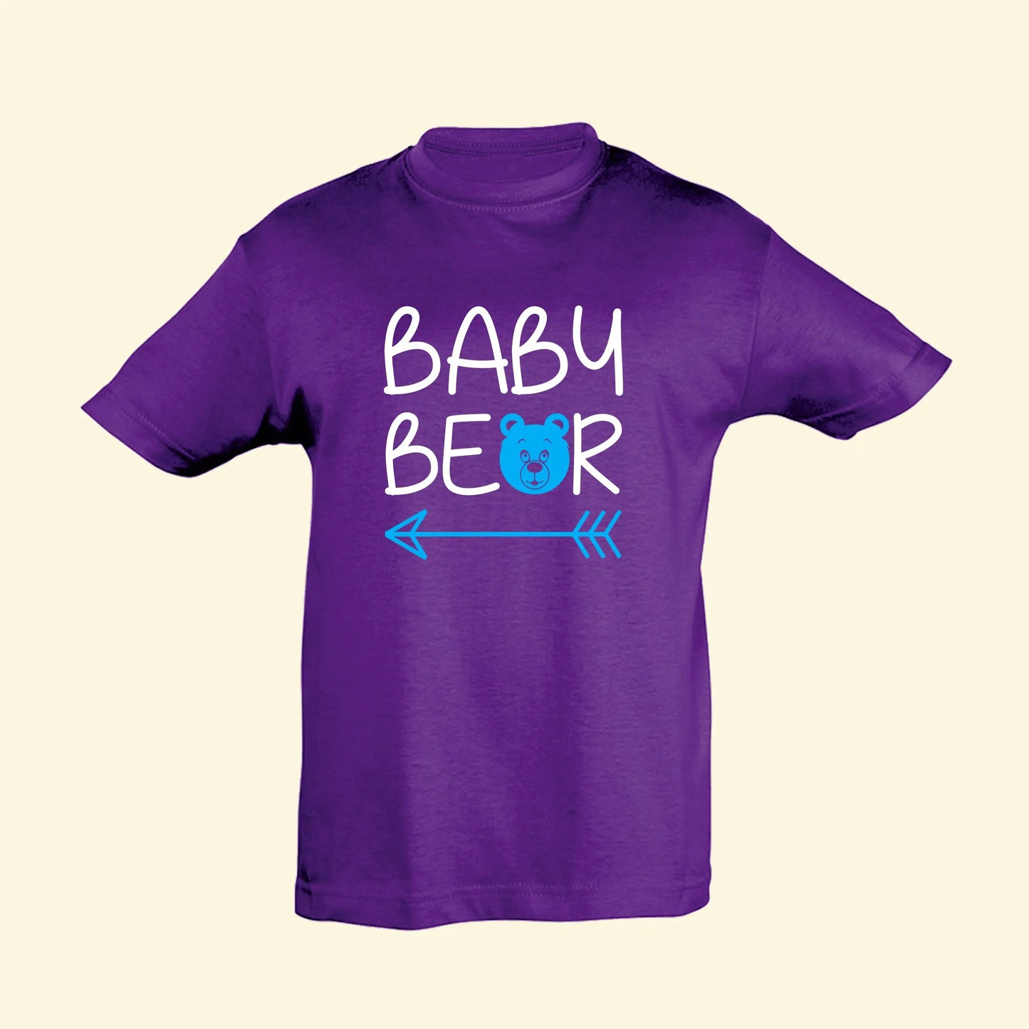 Kids purple t shirt with top line of text reading Baby and the second reading bear but with the a replaced with a bear face and an arrow under the whole design, text printed in white and bear / arrow in blue.