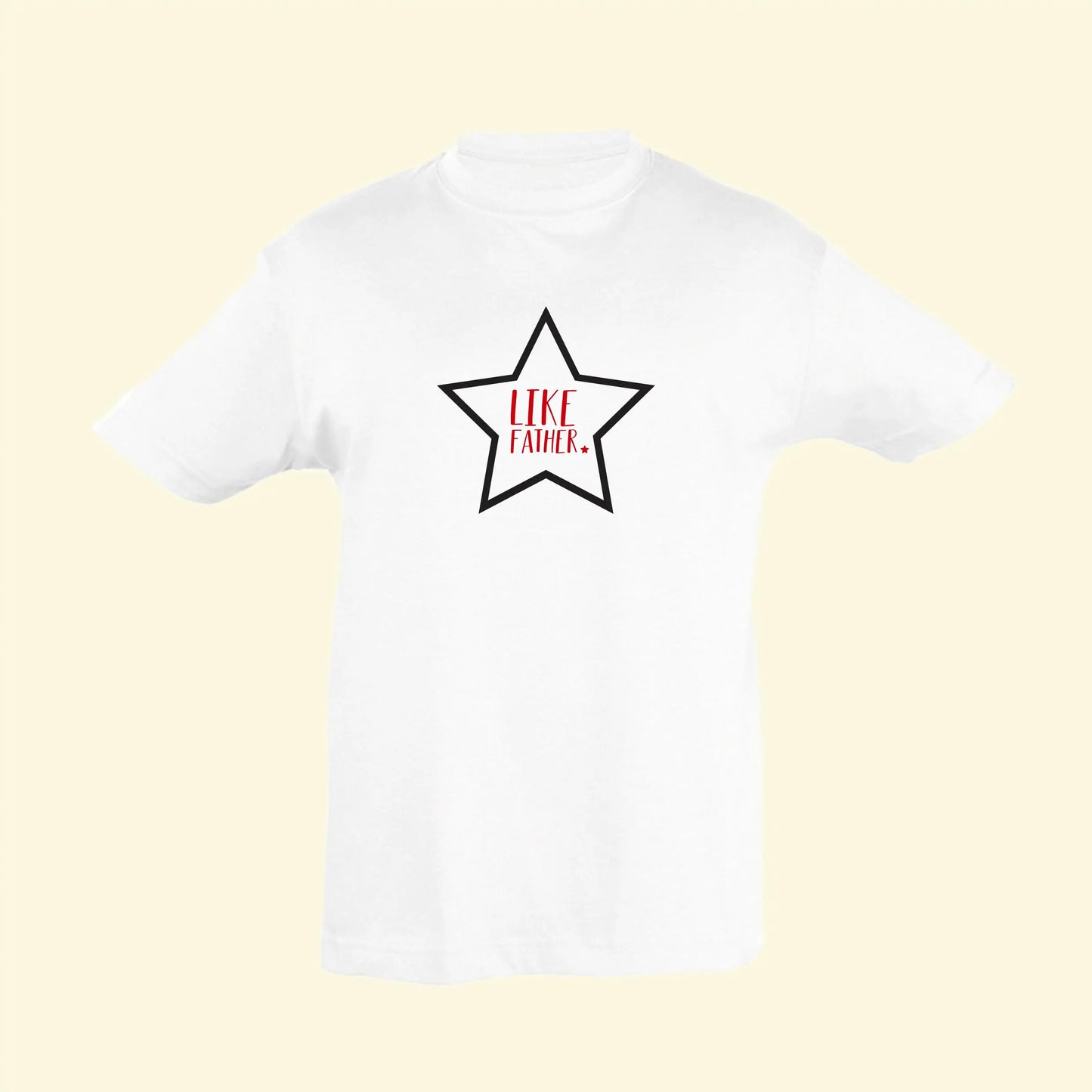 Kids white t shirt with star illustration printed in black with Like Father printed in the middle in red