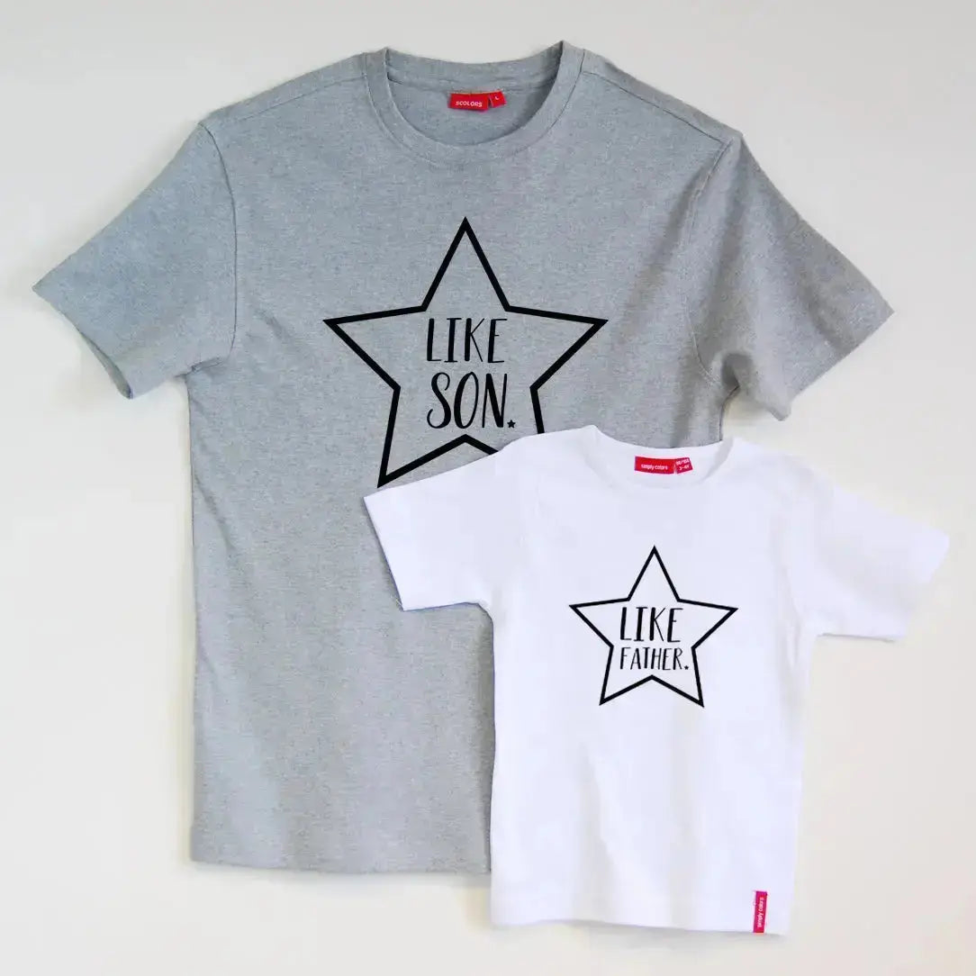 Grey adult t shirt with star illustration with Like son printed in the middle in black, kids white t shirt with star illustration with Like Father printed in the middle in black