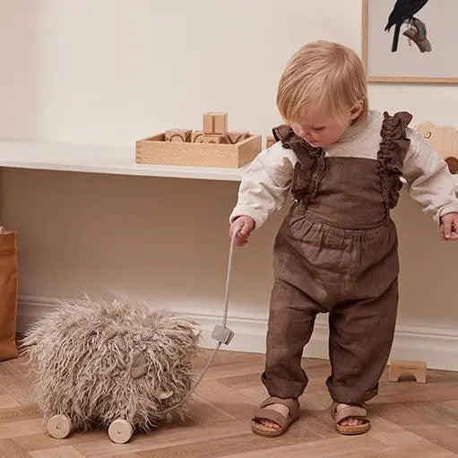 Small child playing with a pull along mammoth.