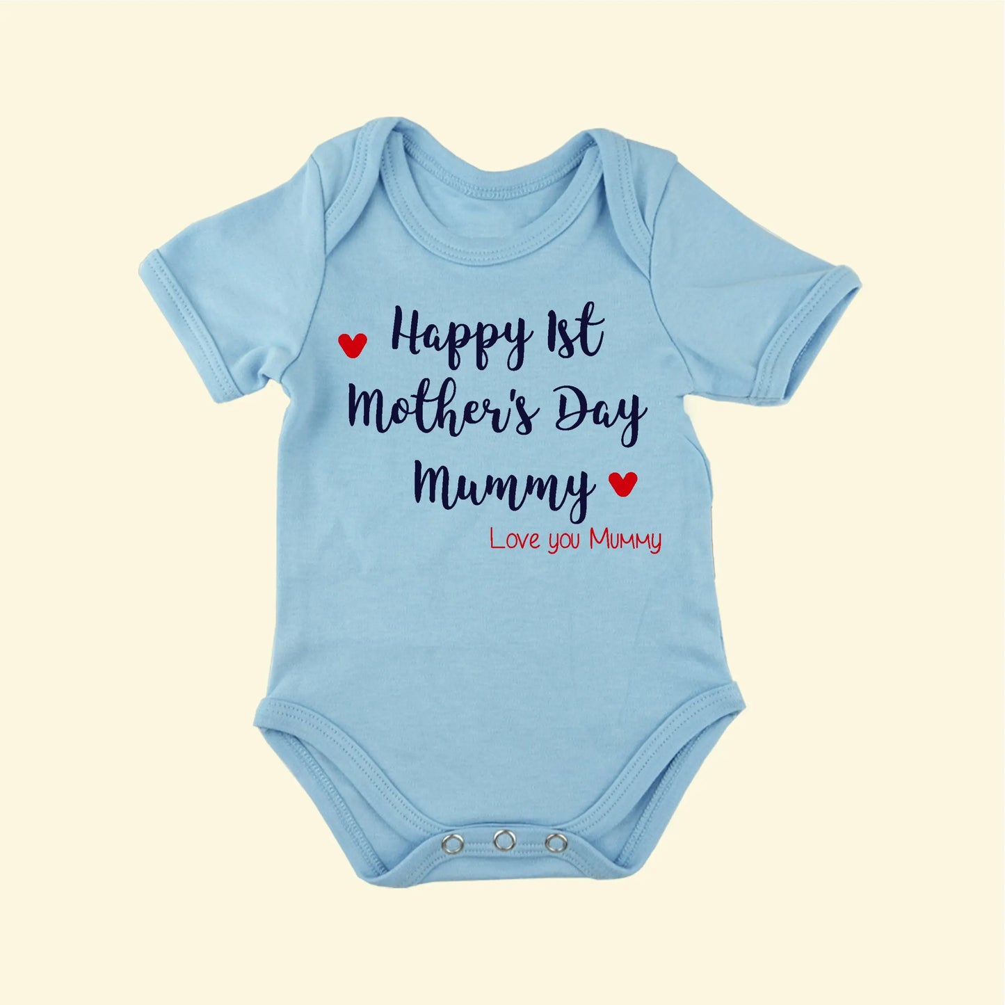 Light Blue babygrow with Happy 1st Mother's Day Mummy and Love you Mummy printed on the front. Super cute Mother's day gift