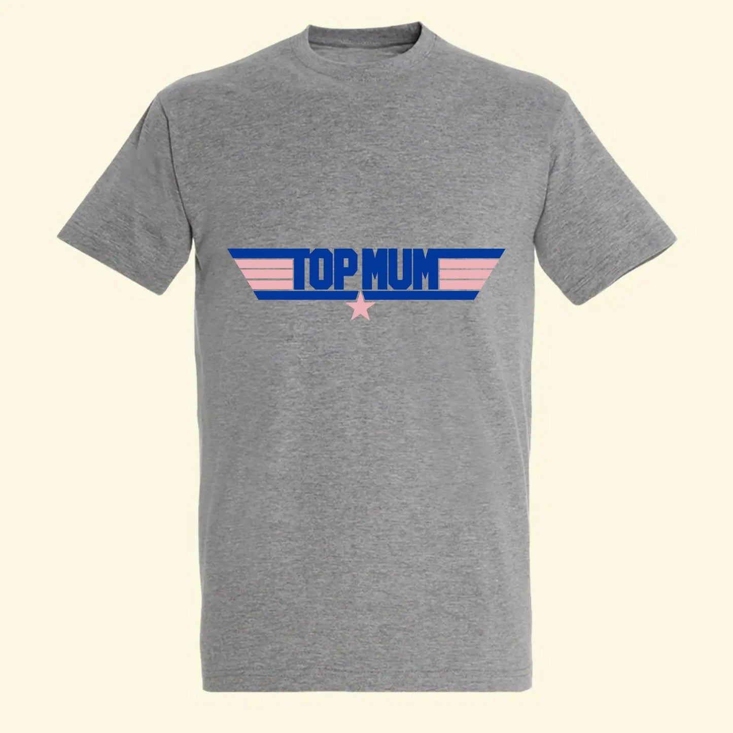 Grey t shirt with Top Mum printed on the front along side stars and stripes. In the style of Top Gun. The print colours are royal blue and light pink.