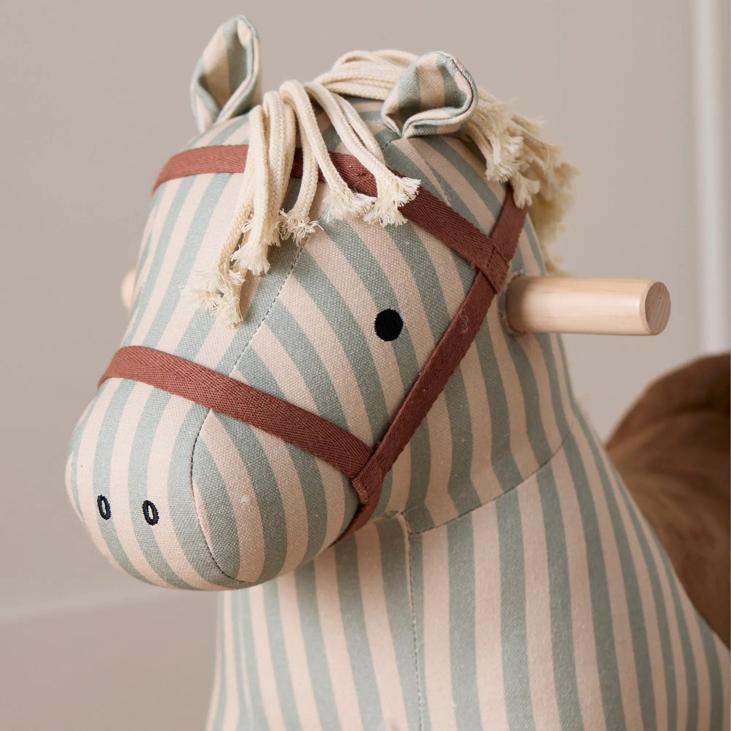 Close up front view of rocking horse sam's head