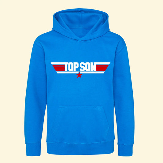 Kids aqua hoodie with Top Son design printed in white and star and stripes printed in red.