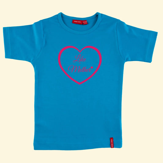 Kids aqua blue top with Like Mother printed inside a heart in fuchsia pink.
