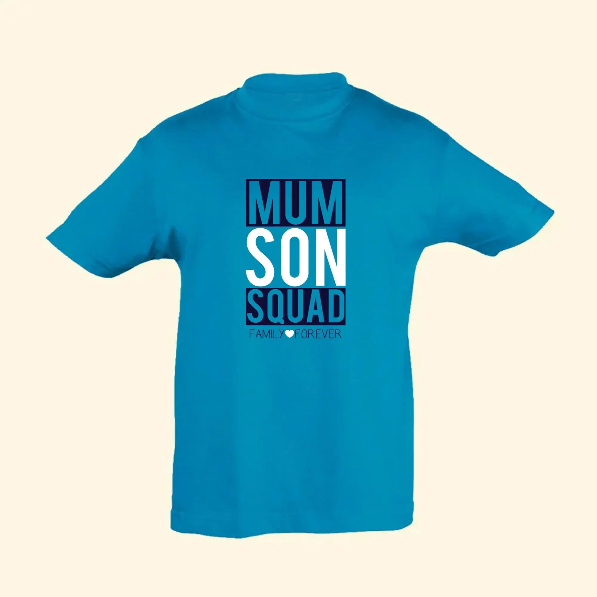 Aqua Blue child t shirt with Mum, Squad, Family Forever printed in navy blue and Son and heart printed in white.