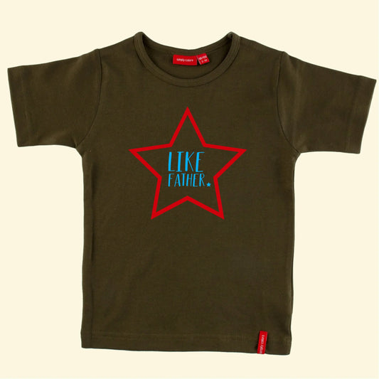 Kids Army Green t shirt with star illustration printed in red with Like Father printed in the middle in blue