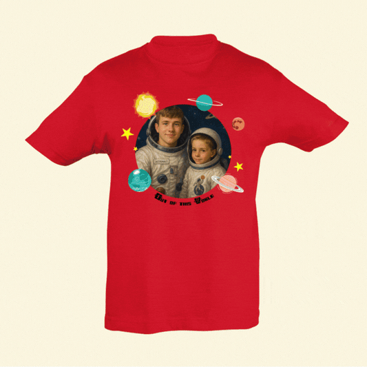 Gif showing the photo used in the product to turn the children in to astronauts and the finished space design with the astronauts on a red t shirt