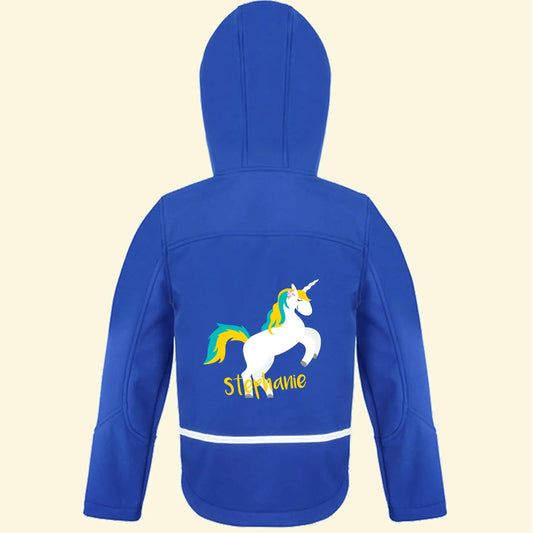 Royal blue softshell jacket with a unicorn design on the back with the name Stephanie