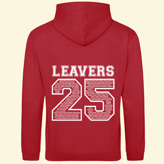 Red hoodie with Leavers and Year number (25) on the back with class pupils names inside the number