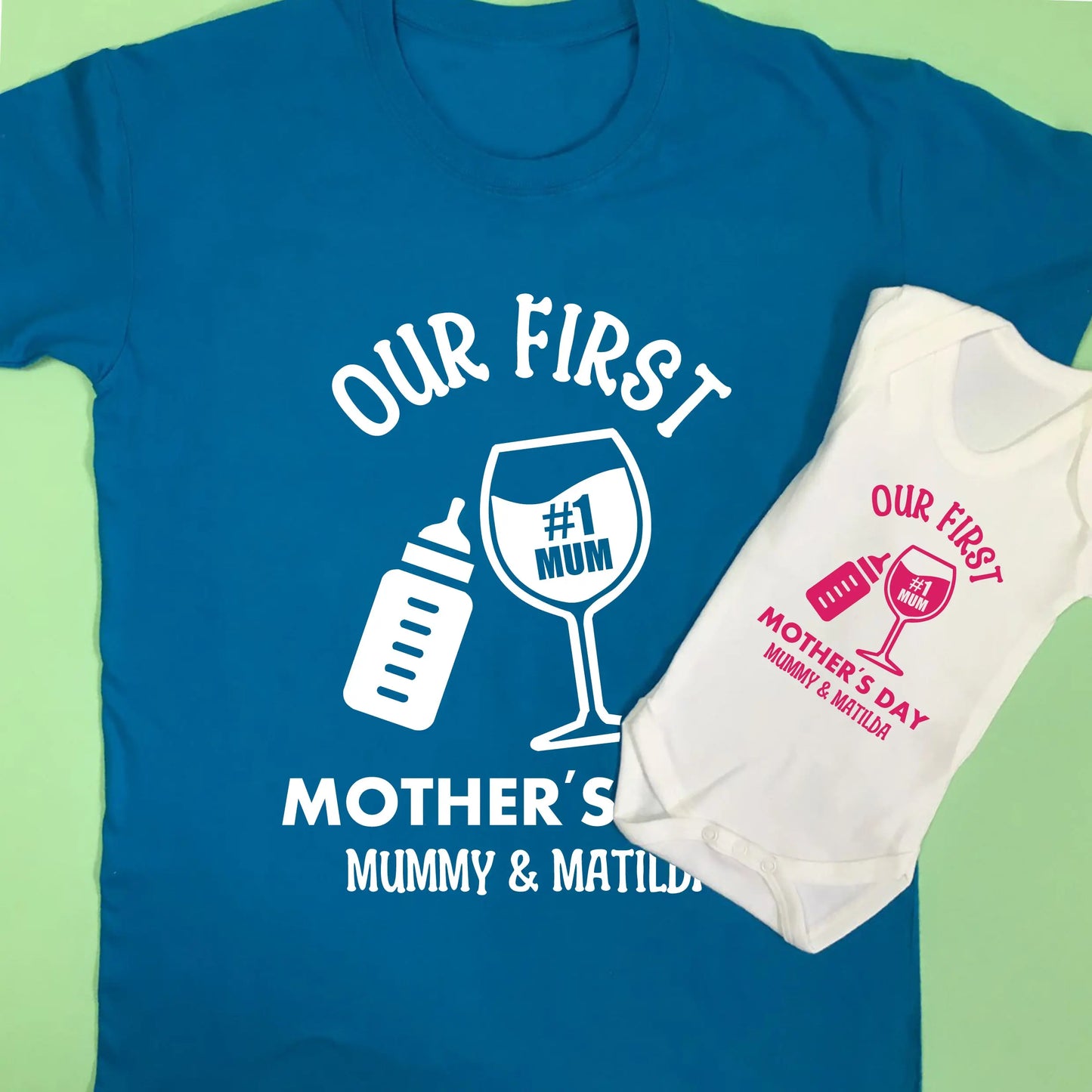 Personalised Our First Mother's Day Bottle & Wine Glass Adult's T shirt Simply Colors