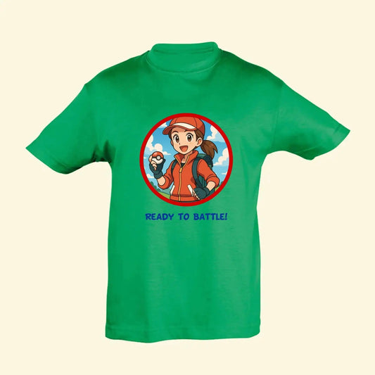 Pocket Trainer T Shirt – Anime Adventure Style. A green t shirt with a photo of a girl that has been turned in to a pokemon style trainer holding a poke ball in a red circle frame and the text Ready to Battle!