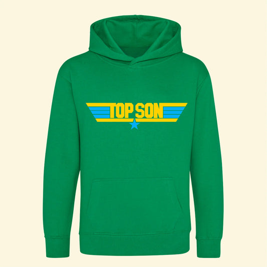 Kids green hoodie with Top Son design printed in yellow and star and stripes printed in blue.