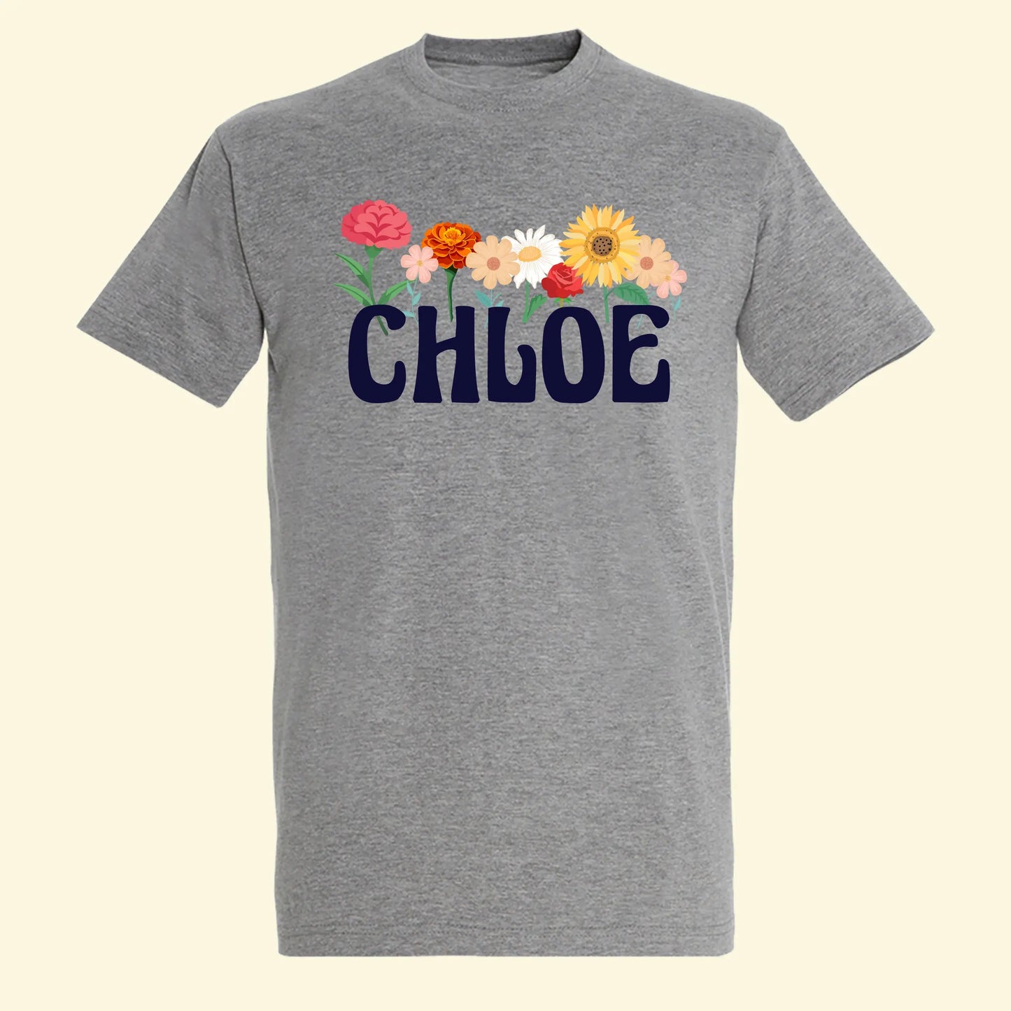 Adult's grey t shirt with the name Chloe printed below full colour flowers