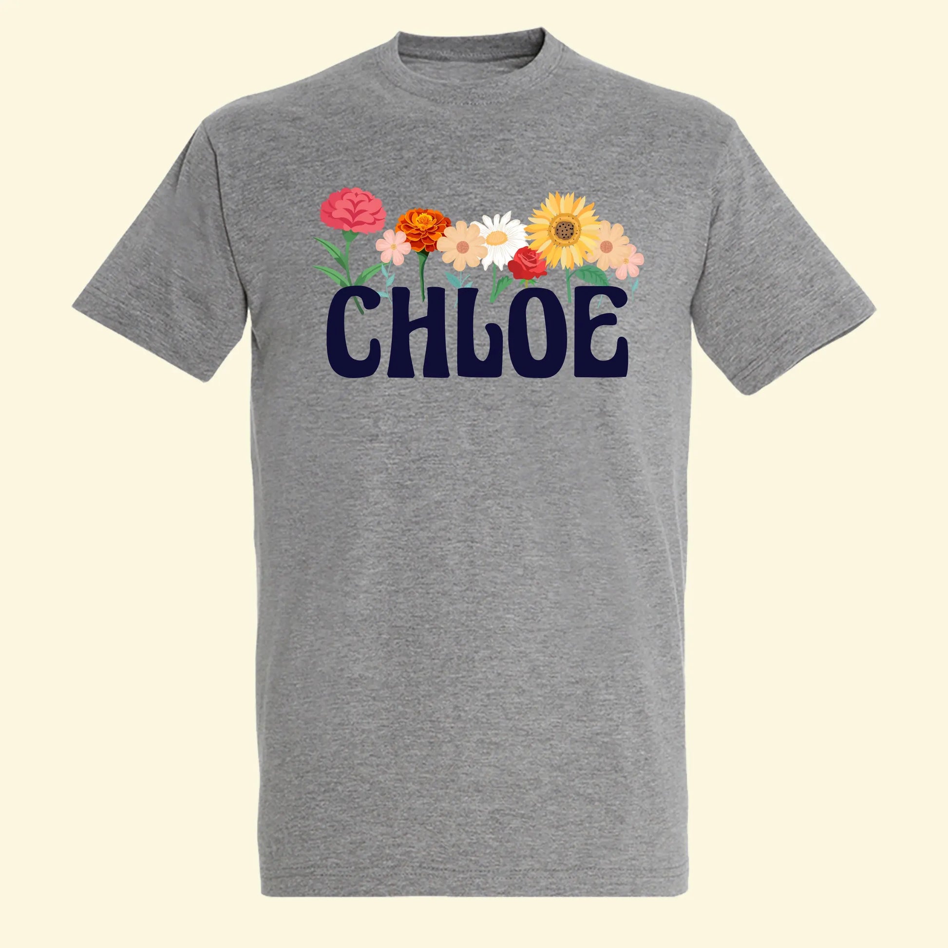 Adult's grey t shirt with the name Chloe printed below full colour flowers