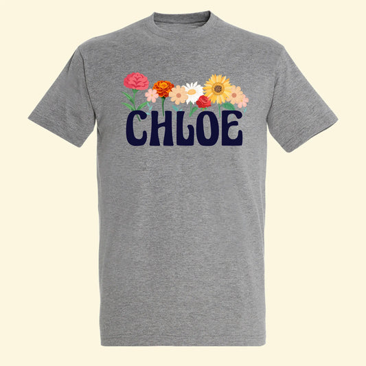 Adult's grey t shirt with the name Chloe printed below full colour flowers