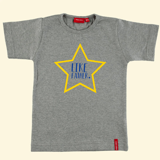 Kids Grey t shirt with star illustration printed in yellow with Like Father printed in the middle in royal blue