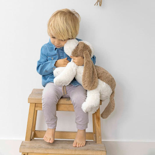 Little boy sitting on a stool holding a Happy Horse Dog David Soft Toy