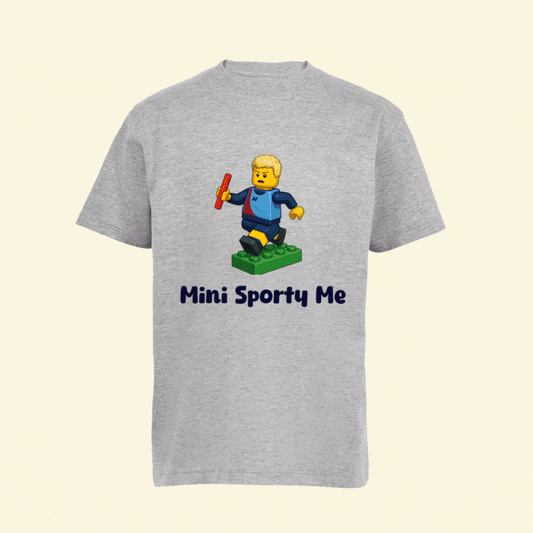 A gif of a grey t shirt with a lego mini figure boy running, the second image show the photo that as used to create the image of the mini figure