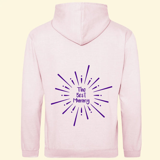 Light Pink adults hoodie with three lines of text reading The Best Mummy inside multiple lines in a circle.