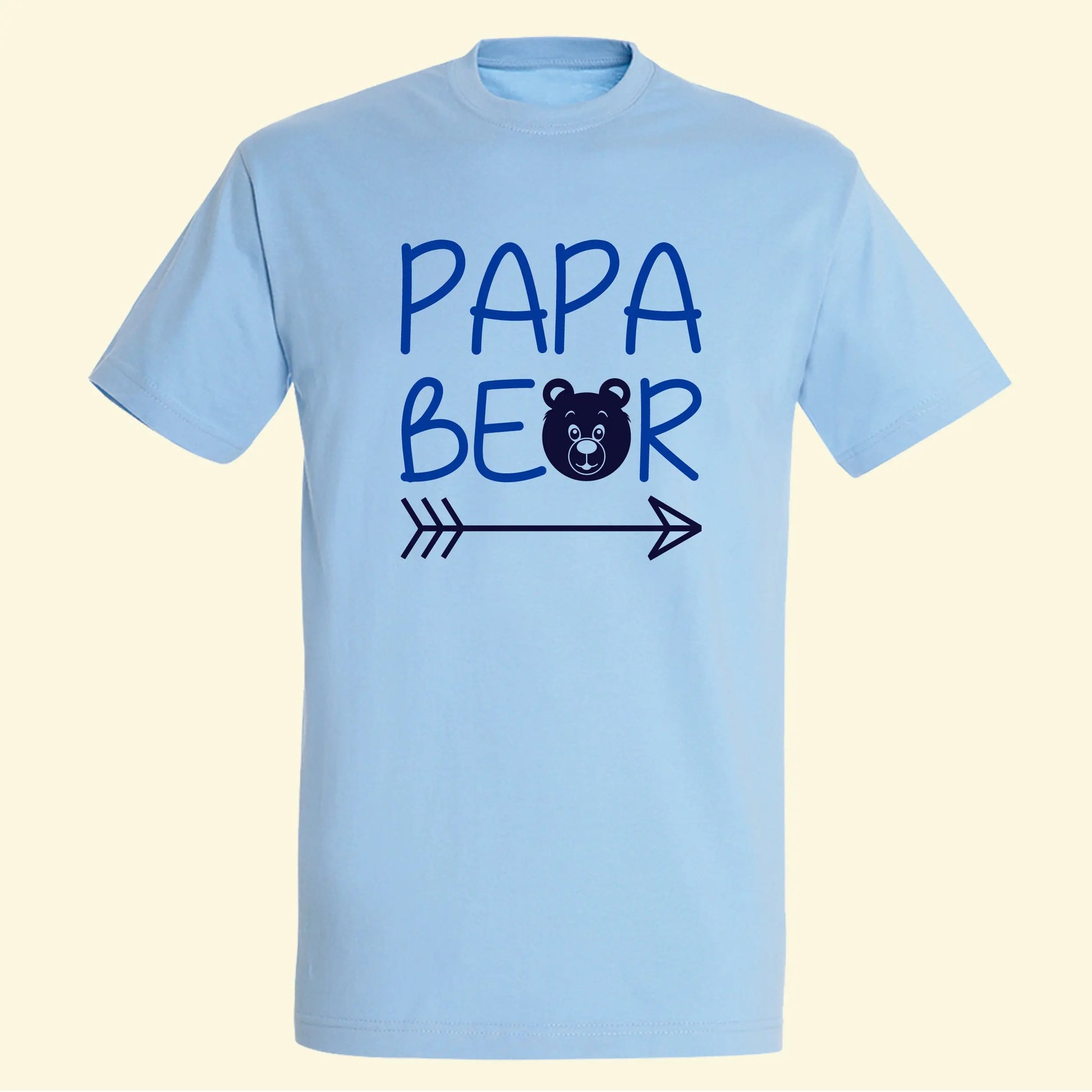 Light adult t shirt with top line of text reading Papa and the second reading bear but with the a replaced with a bear face and an arrow under the whole design. Printed in two colours text printed in royal blue and bear and arrow in navy.