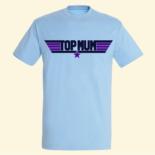 Light blue t shirt printed with Top Mum, stripes and a star printed in navy and purple on the front.