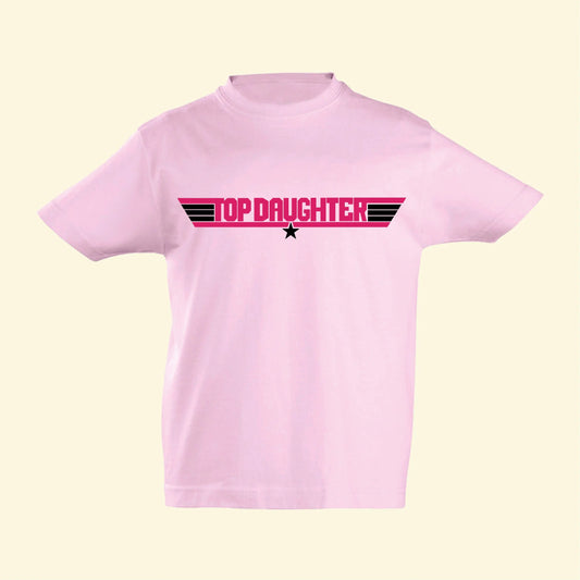 Light pink t shirt with a top gun inspired design with Top Daughter in fuchsia pink with black stripes and star
