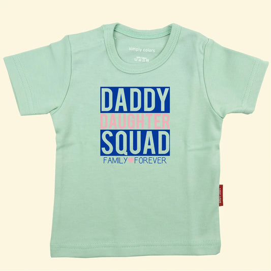 Kids t shirt with Daddy, Squad, Family Forever printed in royal blue and Daughter and heart printed in lilac