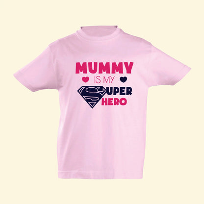 Mummy is my super hero design printed in two colours, fuchsia and navy with two hearts on the second line.