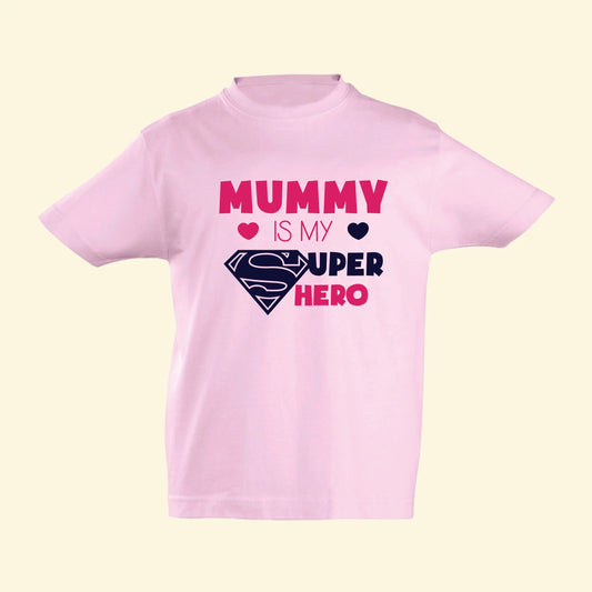 Mummy is my super hero design printed in two colours, fuchsia and navy with two hearts on the second line.