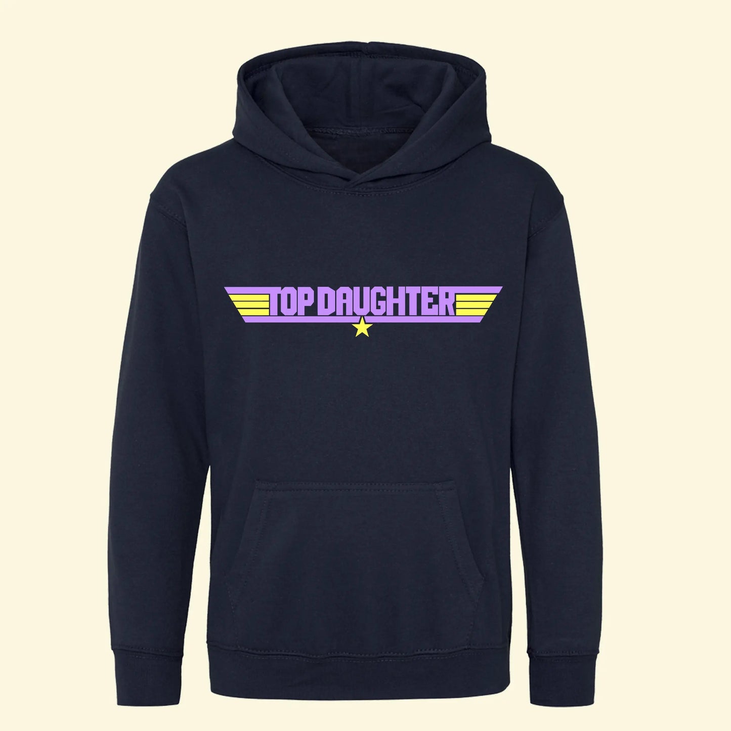Kids navy hoodie with Top Daughter design printed in lilac and star and stripes printed in lemon yellow.