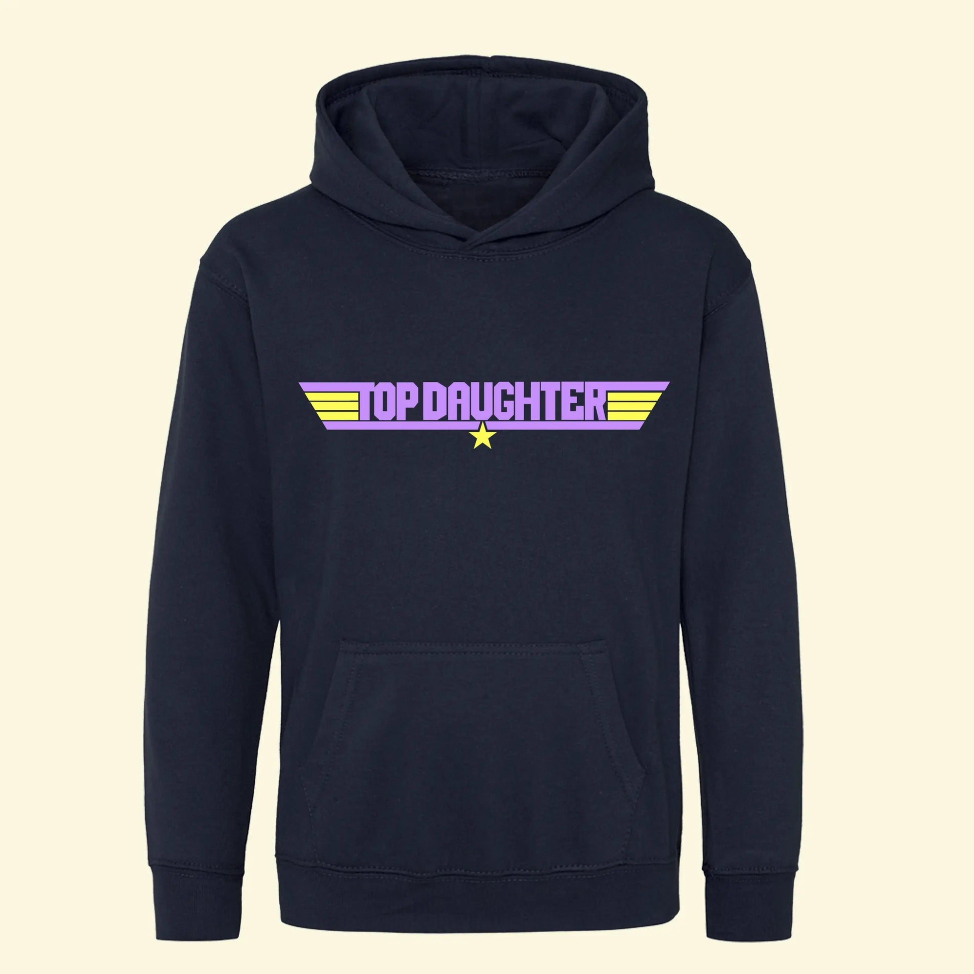 Kids navy hoodie with Top Daughter design printed in lilac and star and stripes printed in lemon yellow.