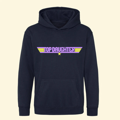 Kids navy hoodie with Top Daughter design printed in lilac and star and stripes printed in lemon yellow.