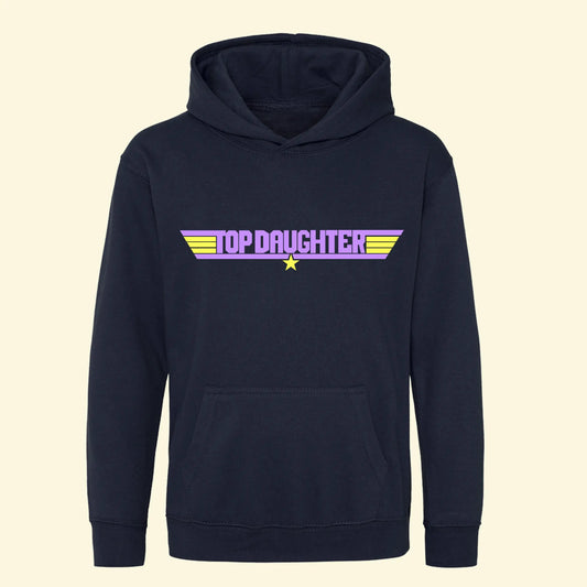 Kids navy hoodie with Top Daughter design printed in lilac and star and stripes printed in lemon yellow.