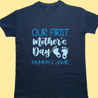 Navy adult t shirt with Our first mother's day Mummy & Jamie printed in two print colours blue and light blue.