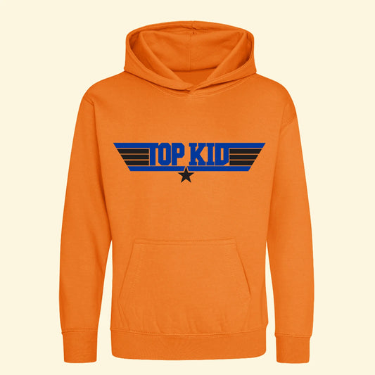 Kids orange hoodie with Top Kid design printed in royal blue and star and stripes printed in black.