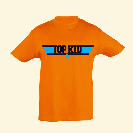 Orange t shirt with a Top Gun inspired design. Top Kid is printed with stripes and a star in navy and light blue