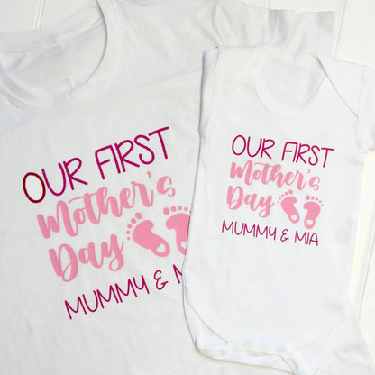 Our first mother's day set both items are white and read Mummy & Mia printed in two print colours fuchsia pink and light pink.