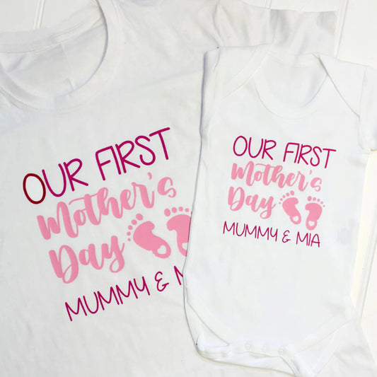 Our first mother's day set both items are white and read Mummy & Mia printed in two print colours fuchsia pink and light pink.