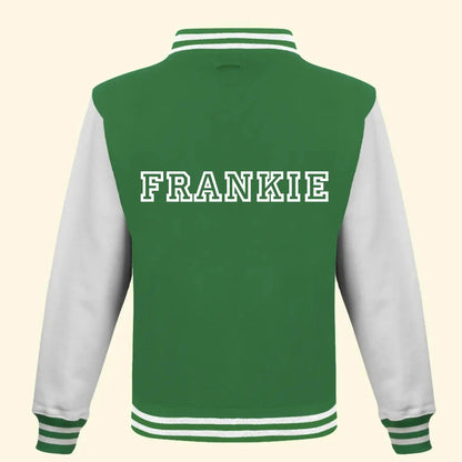 Green Varsity jacket with white sleeves and the name FRANKIE printed on the back in White