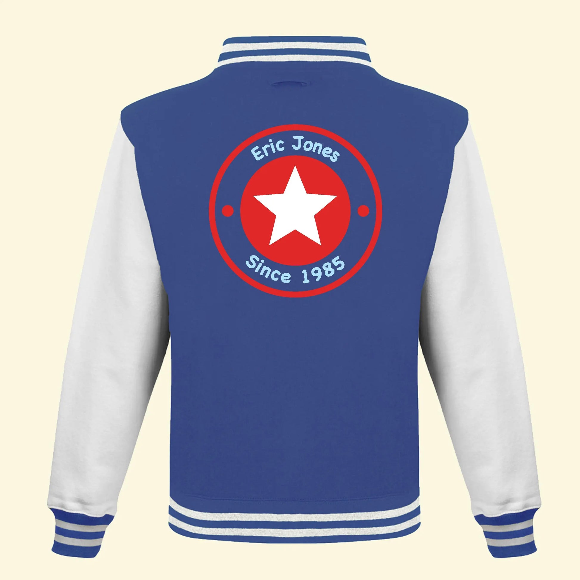 Blue Varsity Jacket, with White sleeves. Printed with a circle and star on the back with the name Eric Jones and Since 1985