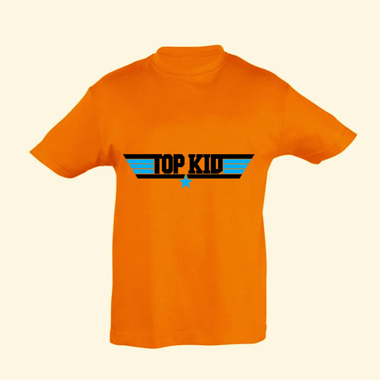 Orange t shirt with a Top Gun inspired design. Top Kid is printed with stripes and a star in black and light blue