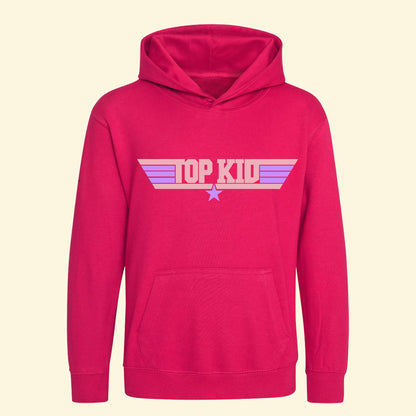 Kids pink  hoodie with Top Kid design printed in light pink and star and stripes printed in lilac.