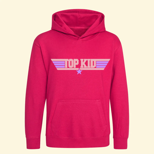 Kids pink  hoodie with Top Kid design printed in light pink and star and stripes printed in lilac.