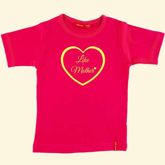 Kids pink top with Like Mother printed inside a heart in lemon yellow.