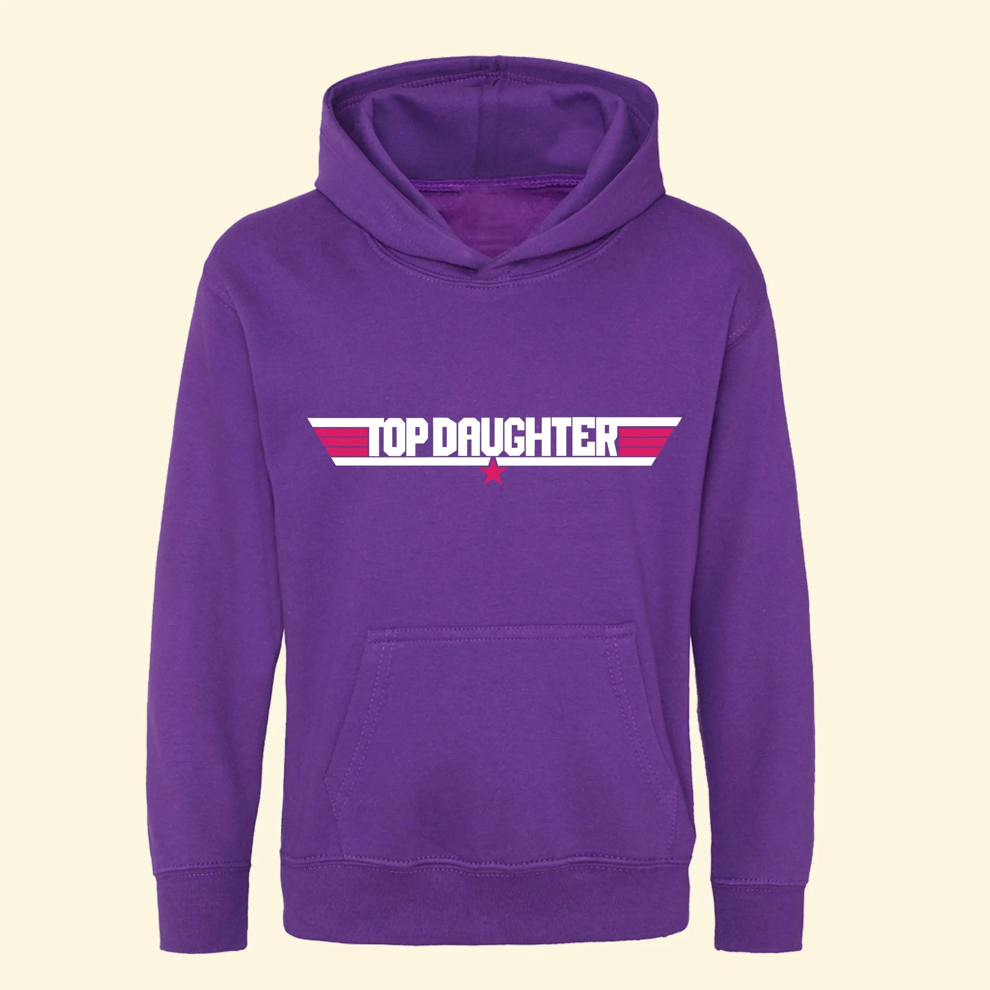 Kids purple hoodie with Top Daughter design printed in white and star and stripes printed in fuchsia pink.