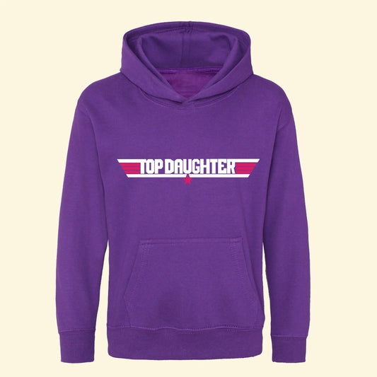 Kids purple hoodie with Top Daughter design printed in white and star and stripes printed in fuchsia pink.